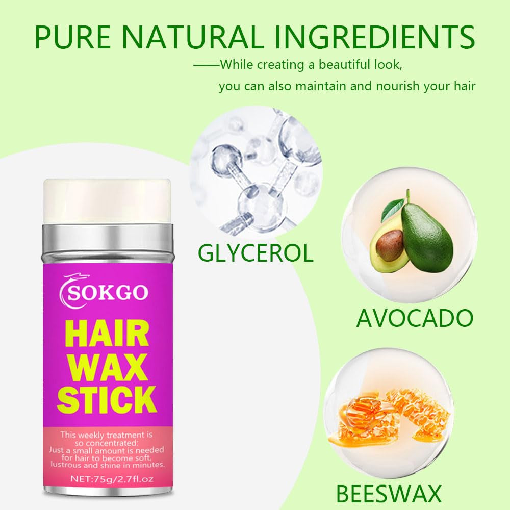 Hair Wax Stick for Flyaway Control, Edge Styling, Broken Hair Fixing - Non-Greasy Styling Wax Cream for Curly Hair and Wigs