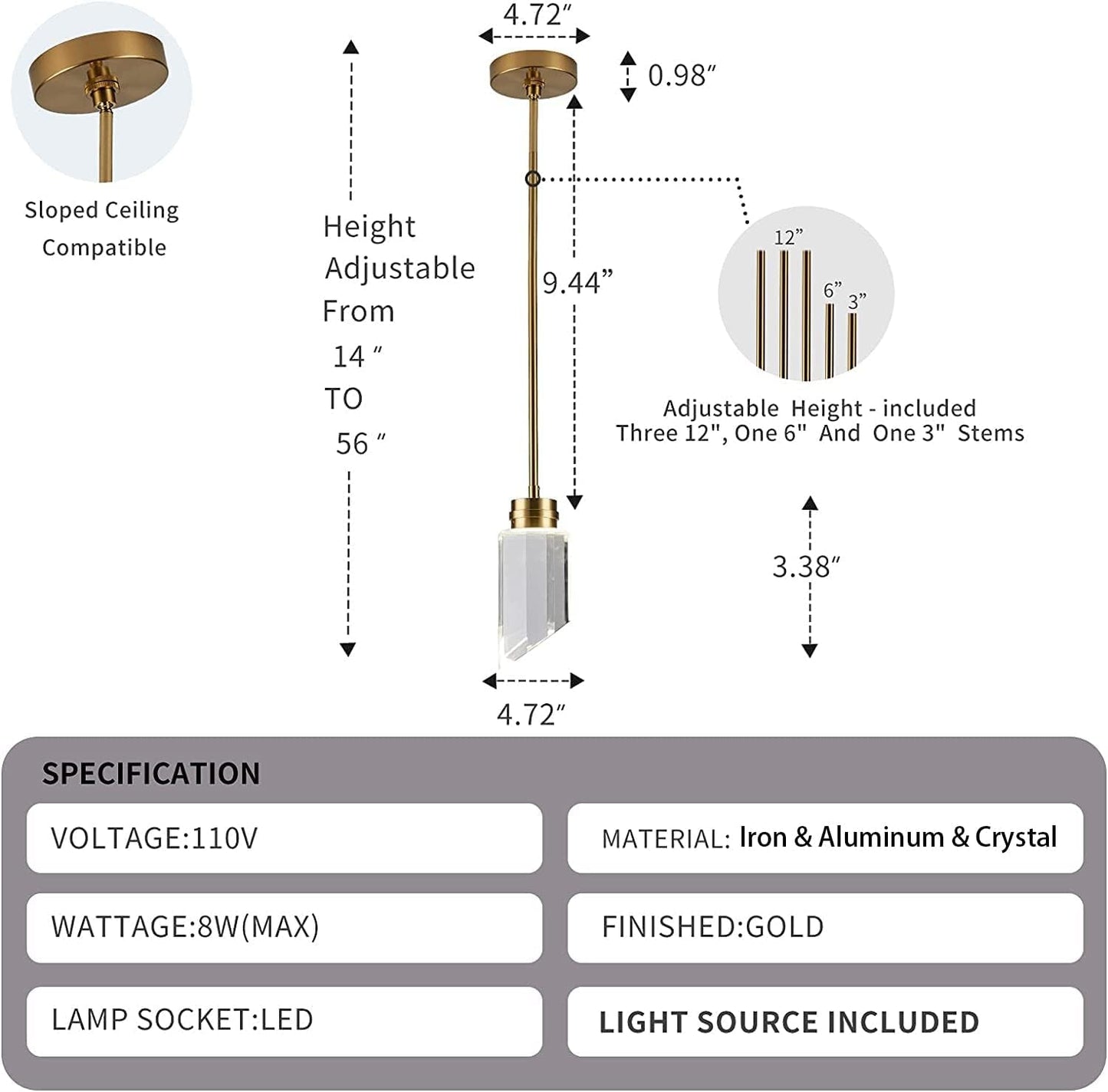 Modern Crystal Cylinder Pendant Light, K9 Crystal 1-Light Gold Brushed Brass Led Hanging Pendant Lighting Fixtures for Bedroom Kitchen Island Dining Room
