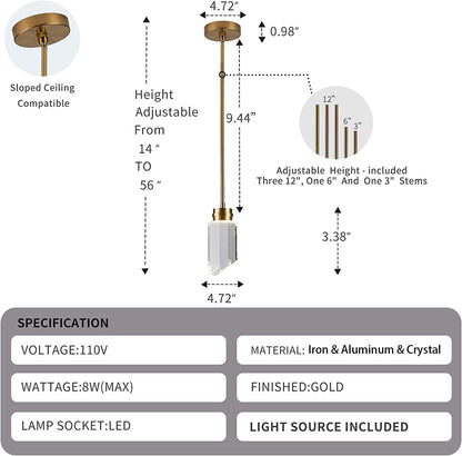 Modern Crystal Cylinder Pendant Light, K9 Crystal 1-Light Gold Brushed Brass Led Hanging Pendant Lighting Fixtures for Bedroom Kitchen Island Dining Room