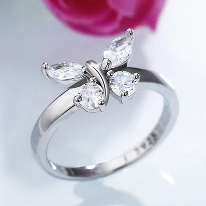 "If you are in full bloom, the butterfly will come" luxury silver crystal butterfly ring cubic zirconia exquisite bridal wedding party ring fashion jewelry (size: 5-11)