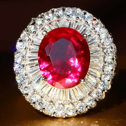 Luxurious Silver Natural Gemstones Ruby and White Sapphire Wedding Birthstone Bride Engagement Multilevel Square Ring Jewelry Size 6 7 8 9 10