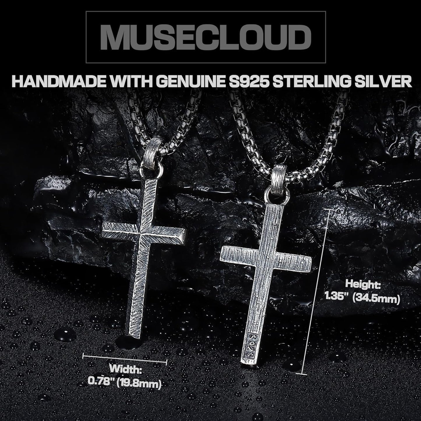 925 Sterling Silver Cross Necklace Men - Oxidized Carved Cross Pendant with Stainless Steel Box Chain Vintage Unique Crucifix Necklaces Silver Jewelry for Mens Women 18-26 Inches