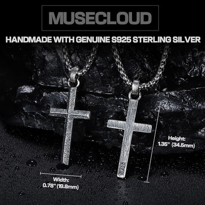 925 Sterling Silver Cross Necklace Men - Oxidized Carved Cross Pendant with Stainless Steel Box Chain Vintage Unique Crucifix Necklaces Silver Jewelry for Mens Women 18-26 Inches