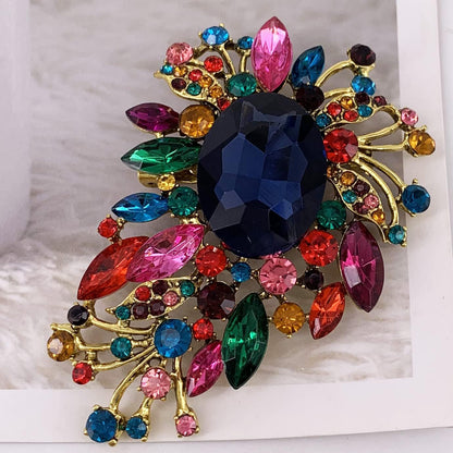 Leaf Scarf Statement Big Brooch Pin Rhinestone Crystal Antiqued Gold Tone