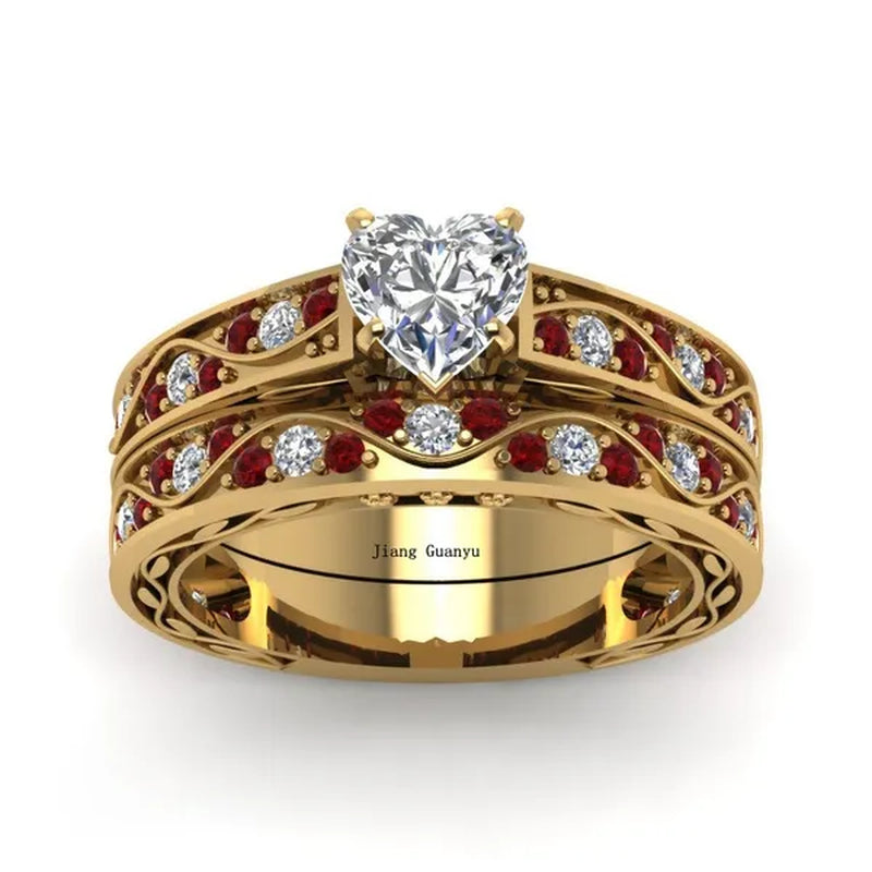 Sz 6-9 Cocktail Ring Champagne Gold Heart Zircon Ruby Women's Wedding Ring Engagement Ring Sets