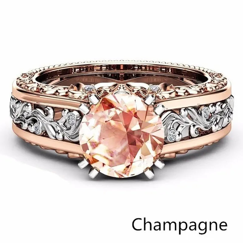 10Mm round Cut Rose & White Gold Plated 925 Sterling Silver Champagne & White Topaz Bridal Engagement Two Tone Gold Ring Size 5-11