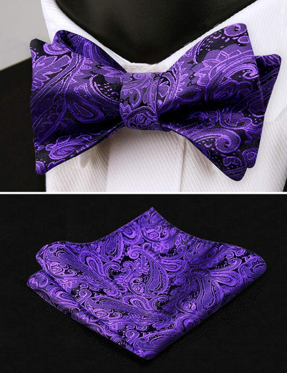 Mens Paisley Jacquard Self-Tie Bow Tie Pocket Square Set
