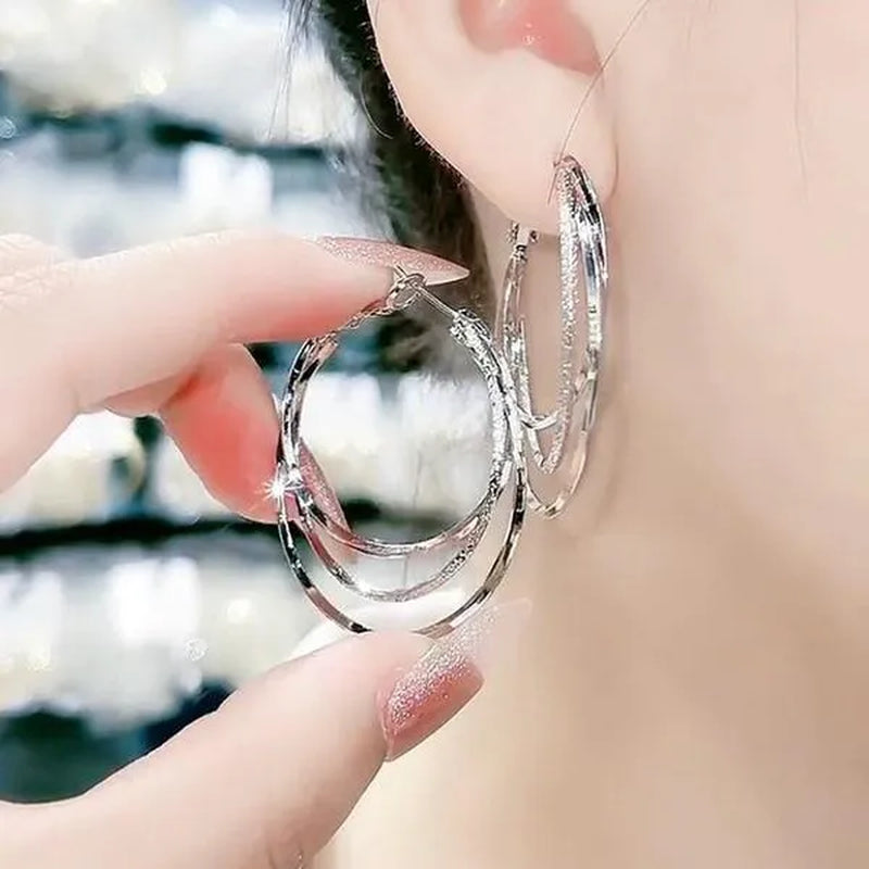 Exquisite Silver Plated Gold Color Three-layer Circle Exaggerated Simple Earrings Romantic Valentine's Day Gift Engagement Earrings Wedding Earrings Anniversary Hoop Earrings Women's European and American Fashion Female Jewelry