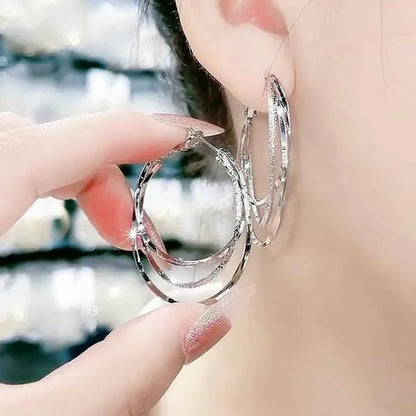 Exquisite Silver Plated Gold Color Three-layer Circle Exaggerated Simple Earrings Romantic Valentine's Day Gift Engagement Earrings Wedding Earrings Anniversary Hoop Earrings Women's European and American Fashion Female Jewelry