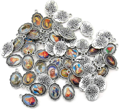 50Pcs Antique Silver Picture Jesus Enamel Our Lady Miraculous Medal Floral Rosary Centerpiece Alloy Crucifix Cross Mother'S Day Pendants Charms for Jewelry Making (M218)