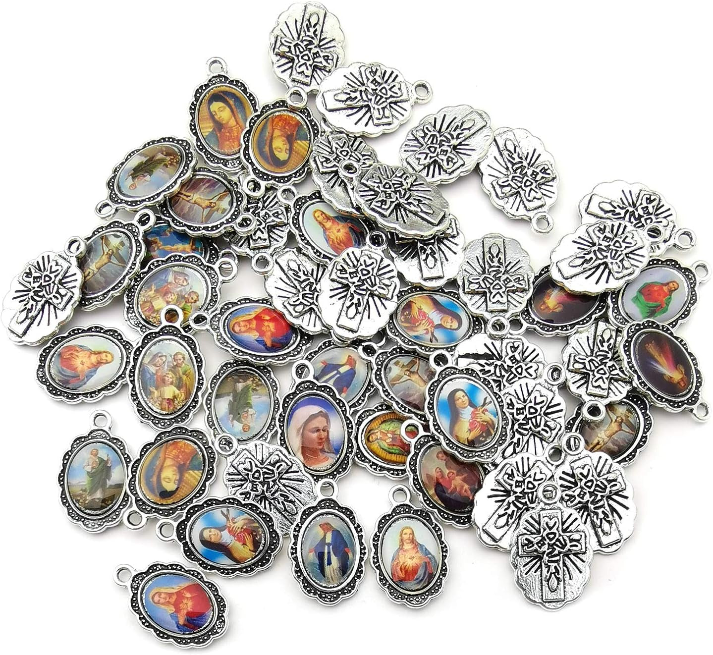 50Pcs Antique Silver Picture Jesus Enamel Our Lady Miraculous Medal Floral Rosary Centerpiece Alloy Crucifix Cross Mother'S Day Pendants Charms for Jewelry Making (M218)