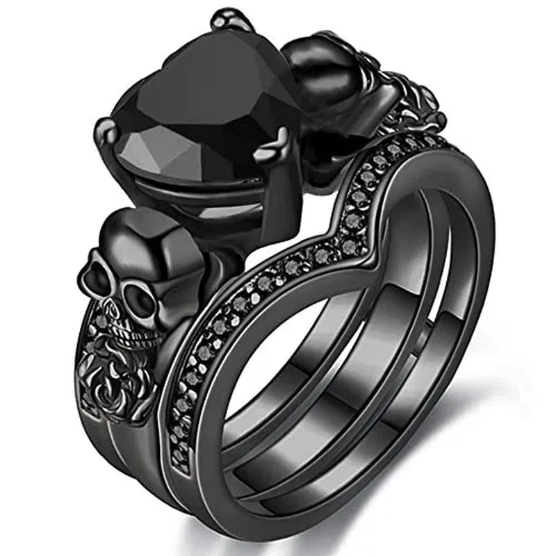 Gothic Skull Black Rings Set Women Rose Flower Red Purple Heart Love Zircon Crystal Christmas Anniversary Jewelry