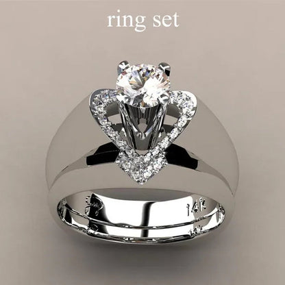 New Fashion Creative Exquisite Women's Heart Shaped  Simulation Zircon Ring Set  Engagement Ring Set