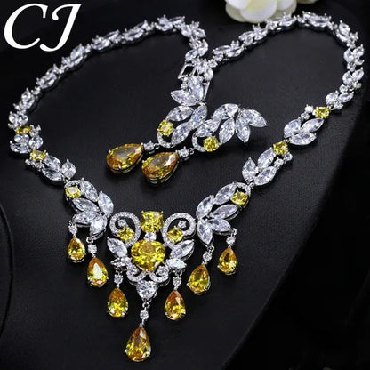 CANDICE Luxury CZ Stone Bridal Jewelry Pave High Quality Yellow Crystal Water Drop Earrings Necklace Wedding Party Set for Brides