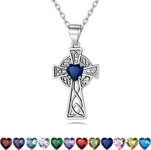 Vintage 925 Sterling Silver Celtic Cross/Triquetra Necklace with 12 Month Heart Gemstone, Dainty Heart Birthstone Necklace Faith Irish Amulet Lucky Jewelry Birthday Gift for Women Girls…