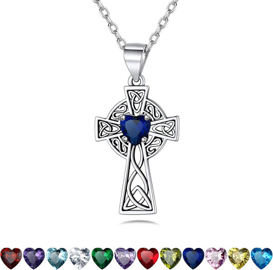 Silver Celtic Cross Necklace with 12 Month Heart Birthstone, Dainty Celtic Birthstone Necklace Silver Chain for Women Faith Irish Amulet Lucky Birthstone Jewelry
