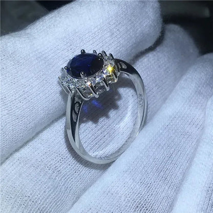 Exquisite Luxury Silver Plated Blue Cubic Zirconia Ring Engagement Wedding Band Rings for Women Bridal Anniversary Gift Jewelry
