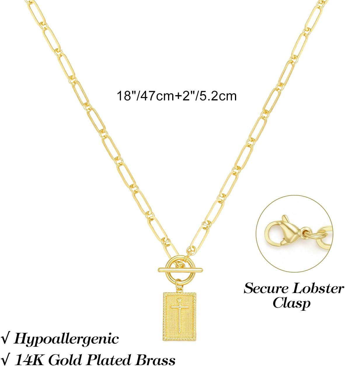 Cross Necklace for Women, No Tarnish 14K Gold Plated Necklace with Cross Pendant Paperclip Chain Toggle Clasp, Religious Christian Faith Jewelry, Necklace Gifts for Women Birthday, Christmas