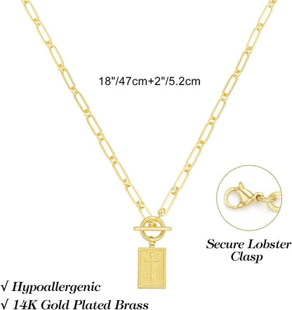 Cross Necklace for Women, No Tarnish 14K Gold Plated Necklace with Cross Pendant Paperclip Chain Toggle Clasp, Religious Christian Faith Jewelry, Necklace Gifts for Women Birthday, Christmas