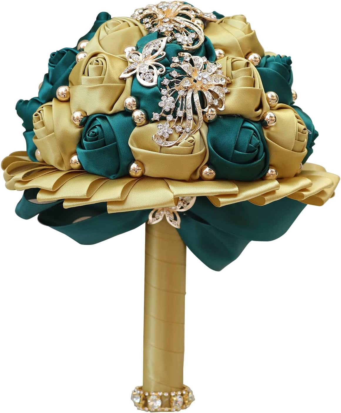 Golden Rhinestone Brooch Wedding Flowers Bridal Bouquets Crystal Bride Holding Bouquet White Ivory Satin Roses with Diamond