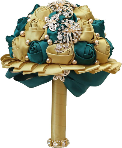 Golden Rhinestone Brooch Wedding Flowers Bridal Bouquets Crystal Bride Holding Bouquet White Ivory Satin Roses with Diamond