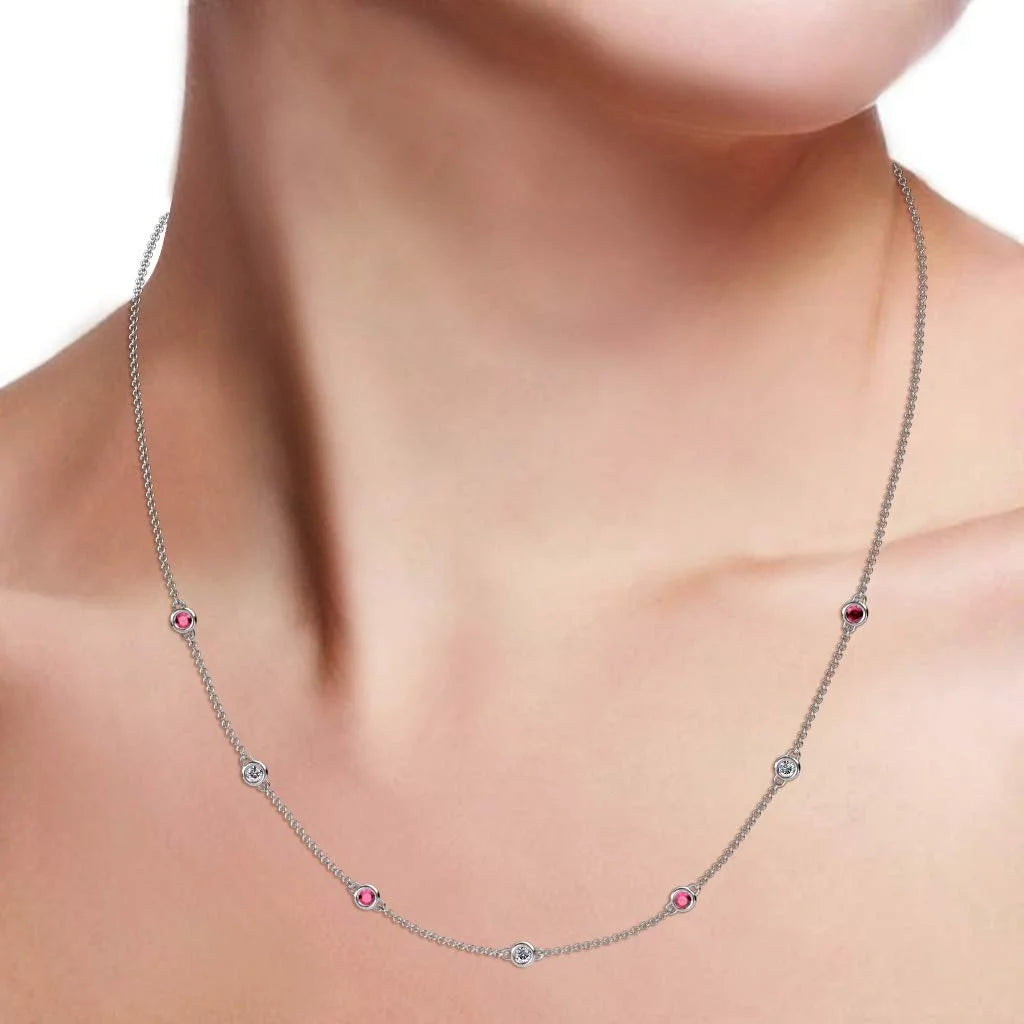 Holiday Offer - 7 Stone Petite Ruby and Lab Grown Diamond Womens Station Necklace (VS2-SI1,G-H) 0.47 Ctw 14K White Gold
