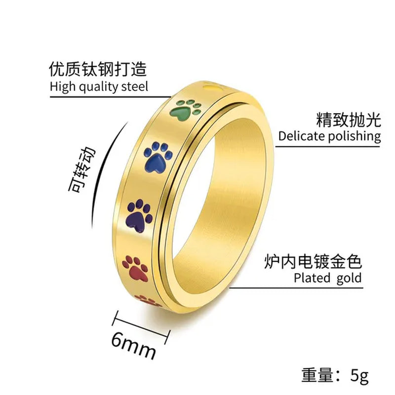 Women Men Multicolor Cartoon Cute Dog Footprints Spinner Ring Gay Lesbian LGBT Pride Stainless Steel Rainbow Color Cat Claw Paw Prints Rotatable Rings Engagement & Wedding Band Size 6-12 Black / Silver / Gold / Rose Gold - WORLD TIME VISITS