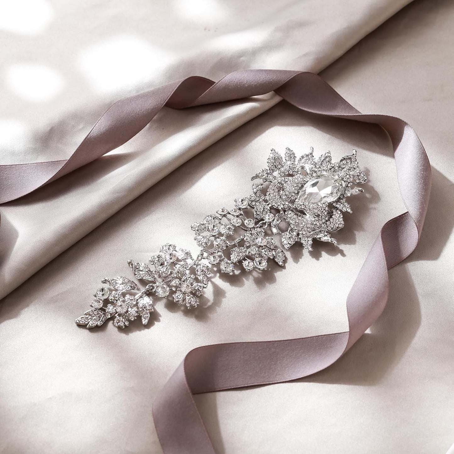 Rhinestone Crystal 8 Inch Elegant Bridal Rose Flower Bud Brooch Clear Silver-Tone