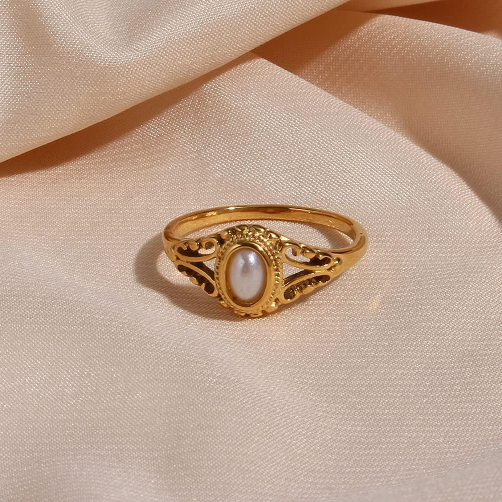 Vintage Freshwater Pearl Rings Stainless Steel Gold Plated Flower Pattern Jewelry for Women