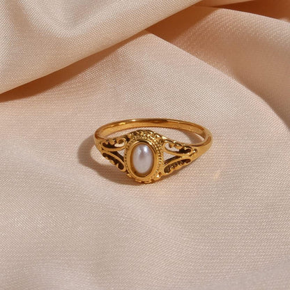 Vintage Freshwater Pearl Rings Stainless Steel Gold Plated Flower Pattern Jewelry for Women