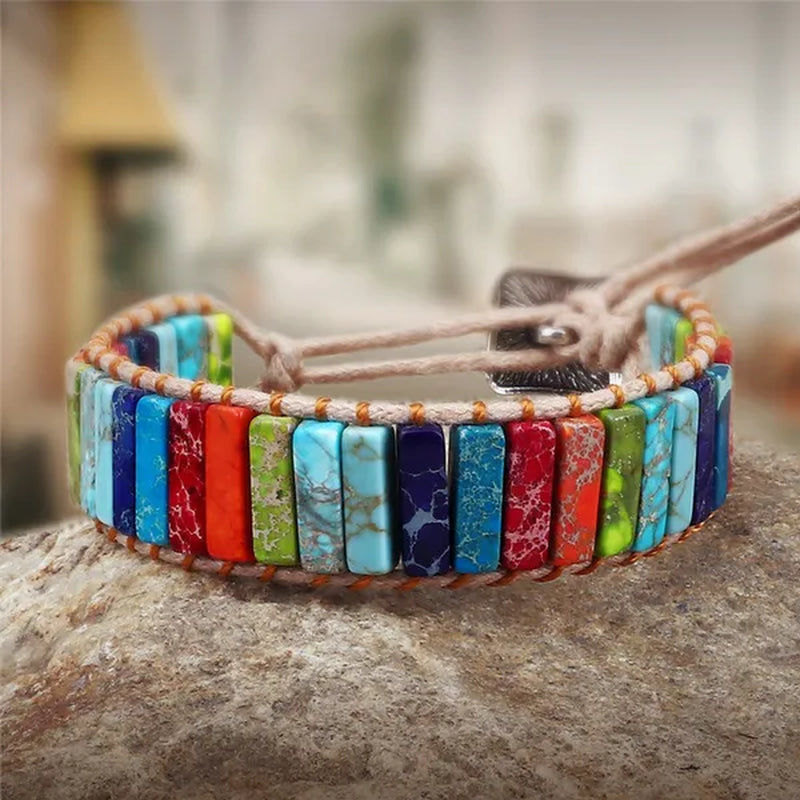 Bohemian Bracelet Tube Natural Emperor Stone Beaded Leather Wrap Chakra Bangles&Bracelets Couples Jewelry the Best Friend Gifts