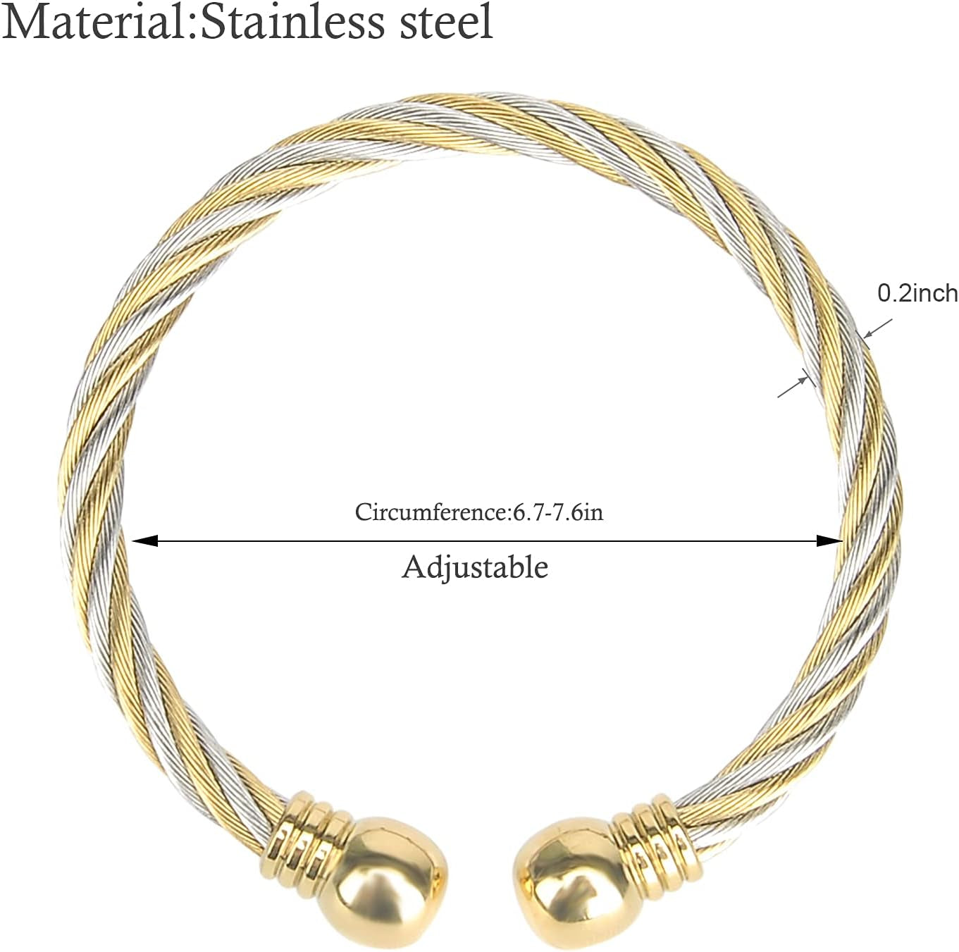 Stainless Steel Golden Silver Twisted Cable Bracelet Adjustable Cuff Bangle Bracelets for Women
