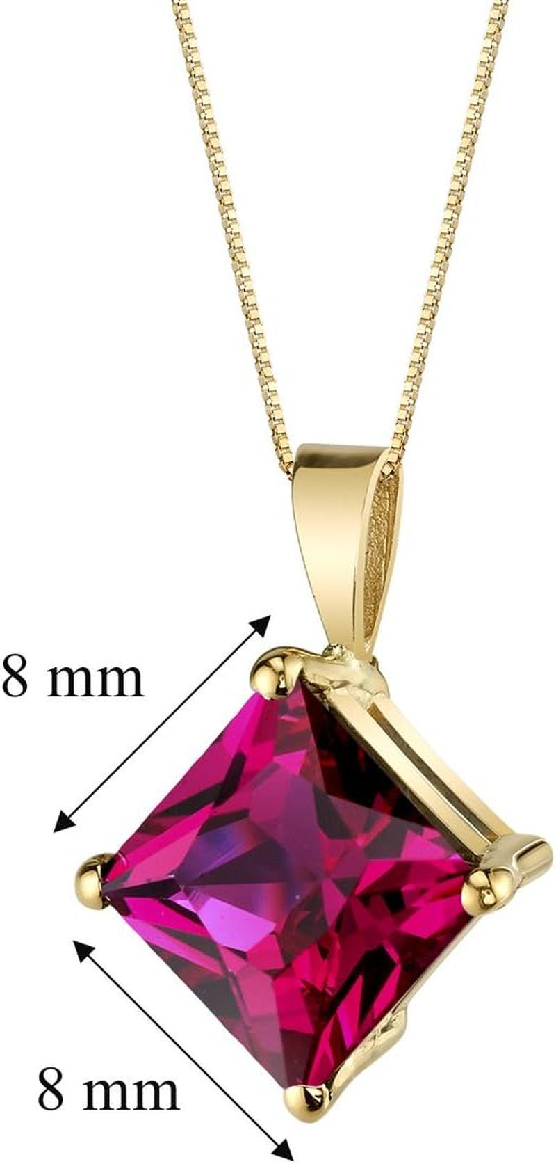 Created Ruby Pendant in 14 Karat Yellow Gold, Classic Solitaire, Princess Cut, 8Mm, 3 Carats Total