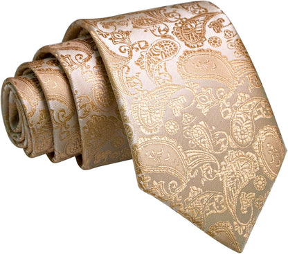 Mens Solid Color Paisley Necktie and Pocket Square with Tie Clip Sets