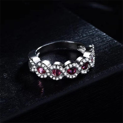 925 Sterling Silver Shiny Full Diamond Ring 18K Gold Ruby Cocktail Ring Red Gem Zirconia Promise Rings CZ Diamond Multi Row Ring Eternity Engagement Wedding Band Ring for Women Z.7 (US Code 6)