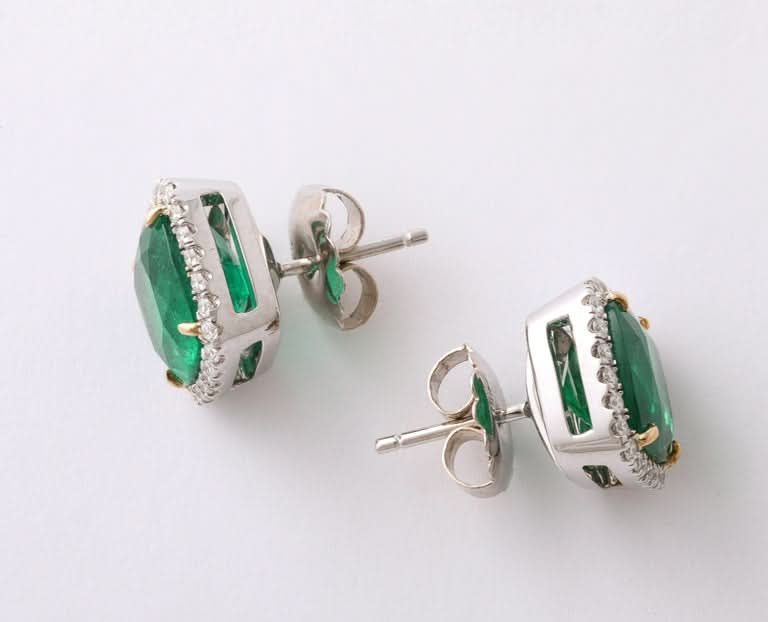 Exquisite 9.95 Carat Cushion Cut Emerald and Diamond Stud Earrings
