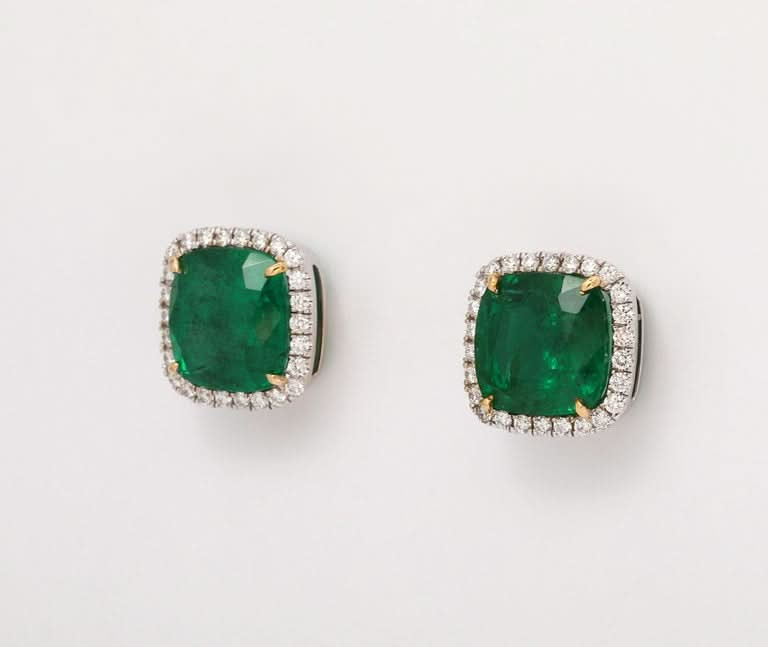 Exquisite 9.95 Carat Cushion Cut Emerald and Diamond Stud Earrings
