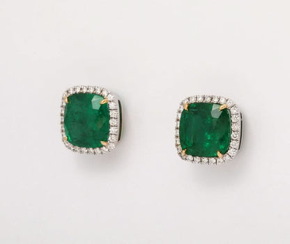Exquisite 9.95 Carat Cushion Cut Emerald and Diamond Stud Earrings