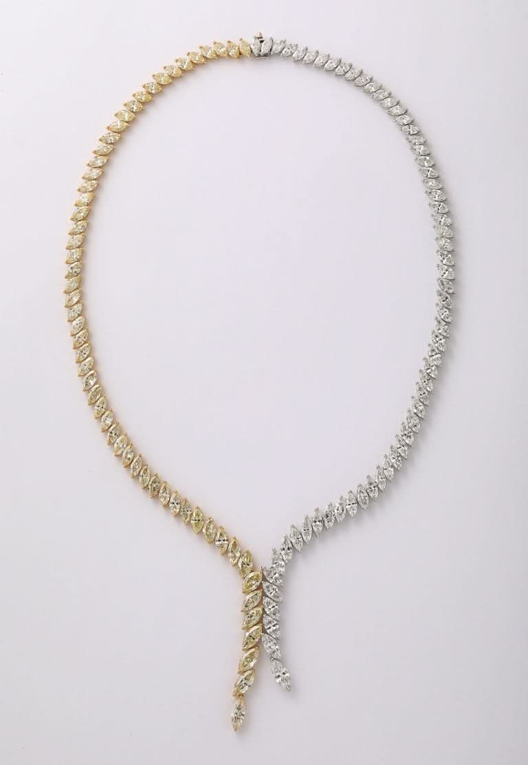 Exquisite 40 Carat Yellow and White Diamond Marquise Drop Necklace
