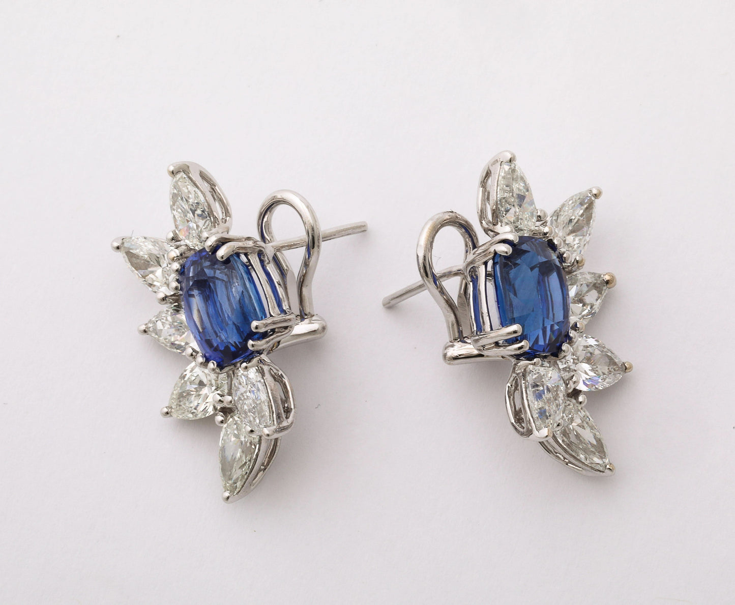 Ceylon Blue Sapphire and Pear Diamond Platinum Clip-On Earrings