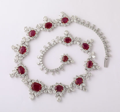 Exquisite 31ct Intense Red Ruby and 48ct Diamond Platinum Choker