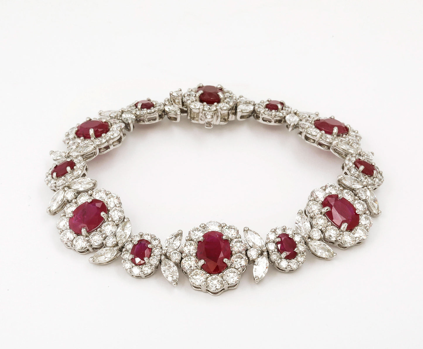 Intense Red Ruby and Diamond Platinum Link Bracelet 42 Carats