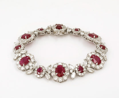 Intense Red Ruby and Diamond Platinum Link Bracelet 42 Carats