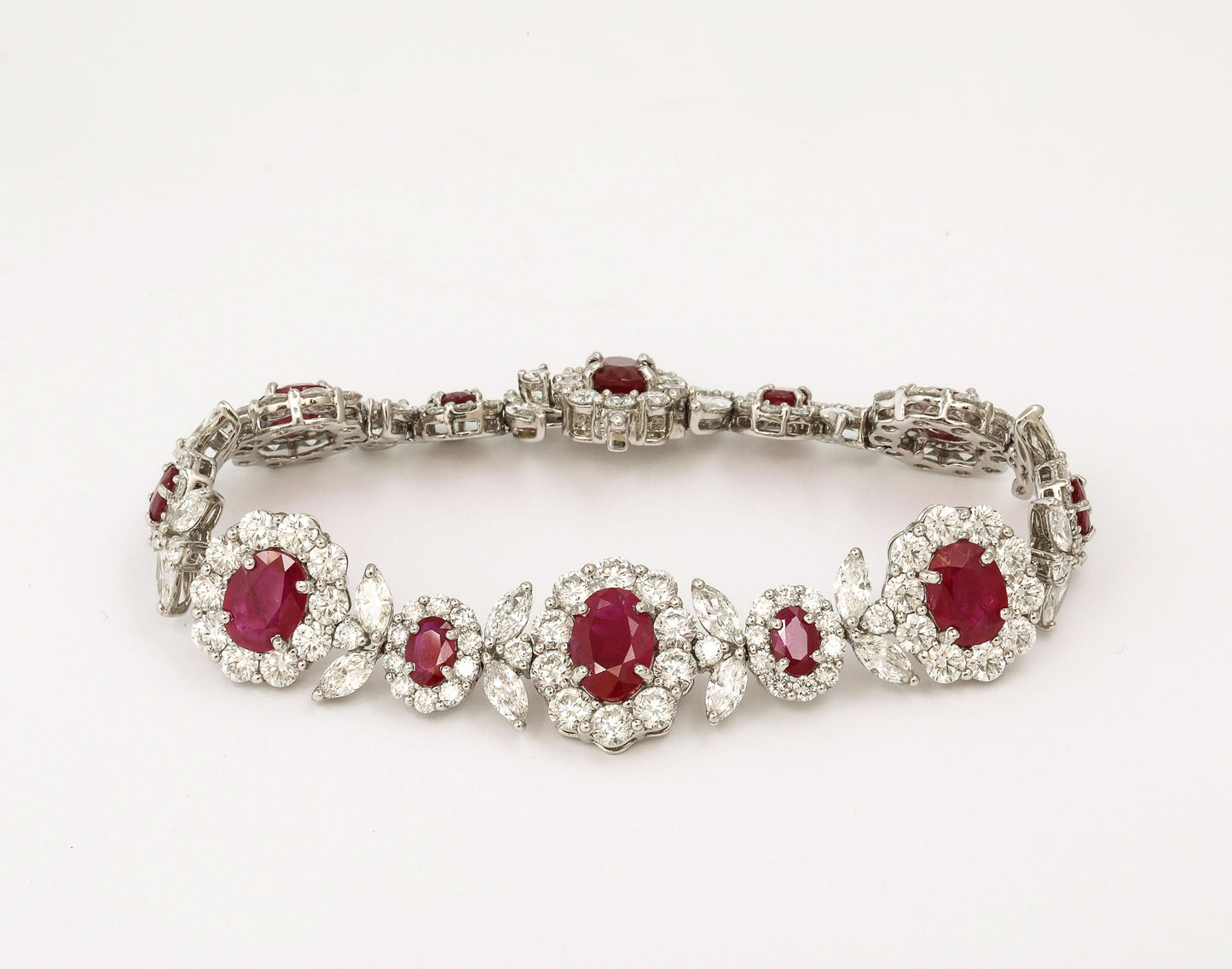 Intense Red Ruby and Diamond Platinum Link Bracelet 42 Carats