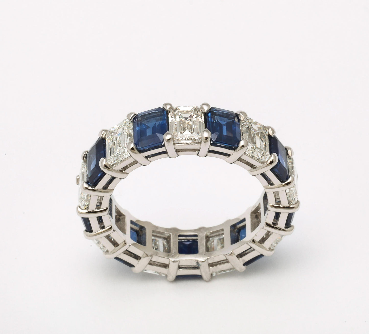 Custom Emerald Cut Blue Sapphire and Diamond Platinum Band Ring