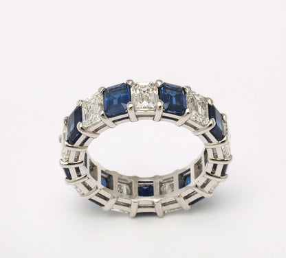 Custom Emerald Cut Blue Sapphire and Diamond Platinum Band Ring