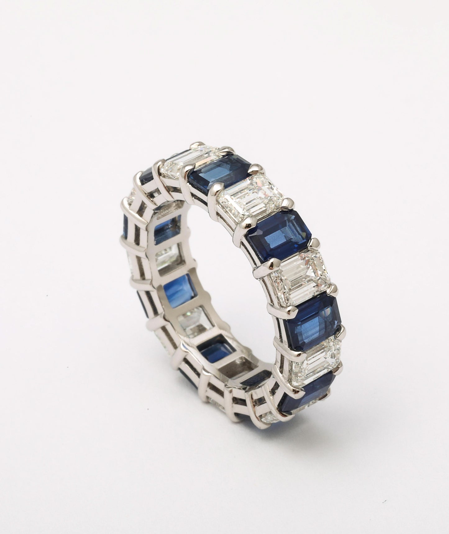 Custom Emerald Cut Blue Sapphire and Diamond Platinum Band Ring