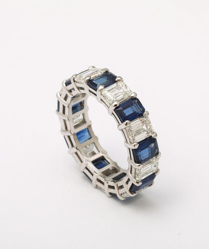 Custom Emerald Cut Blue Sapphire and Diamond Platinum Band Ring