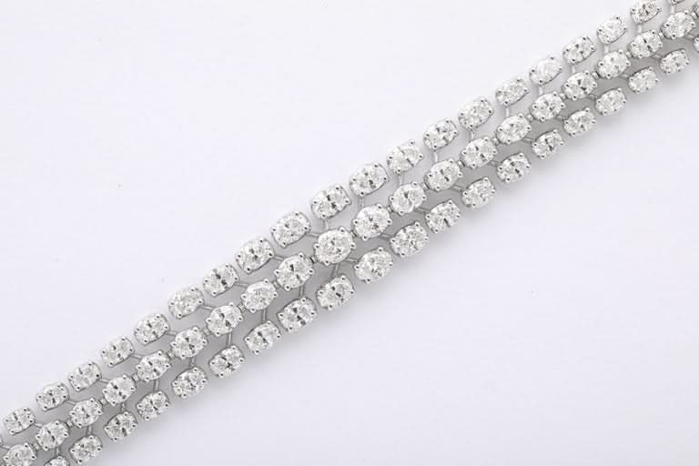 11 Carats Three Row Oval Diamond Bracelet 18k White Gold