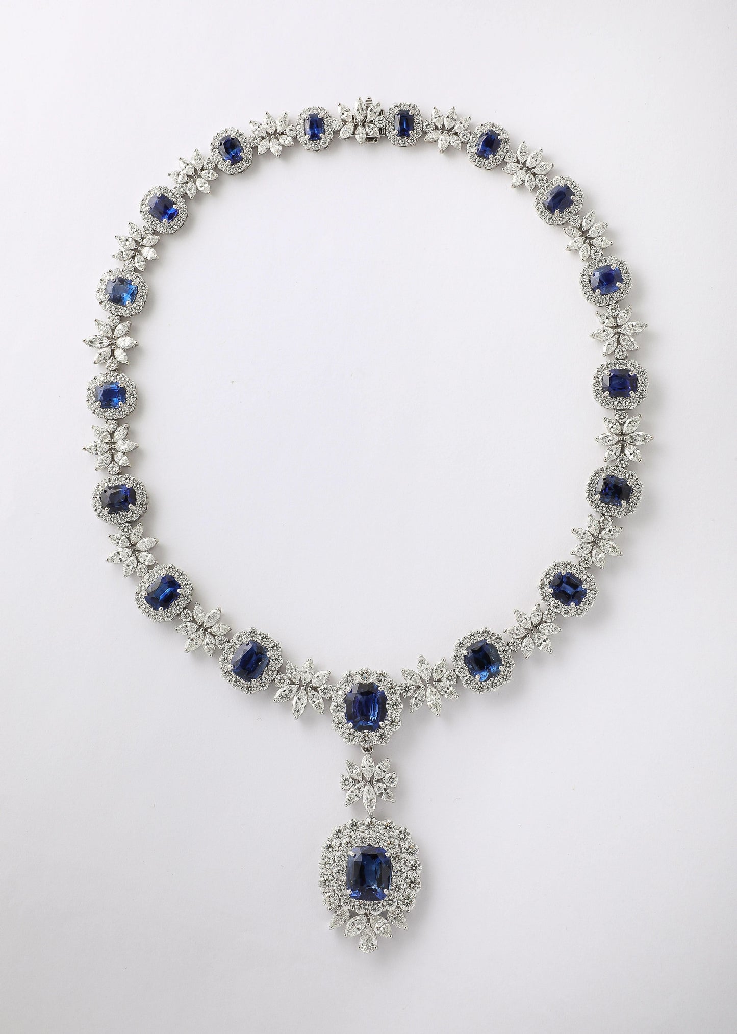 Magnificent Ceylon Sapphire and Diamond Platinum Drop Necklace